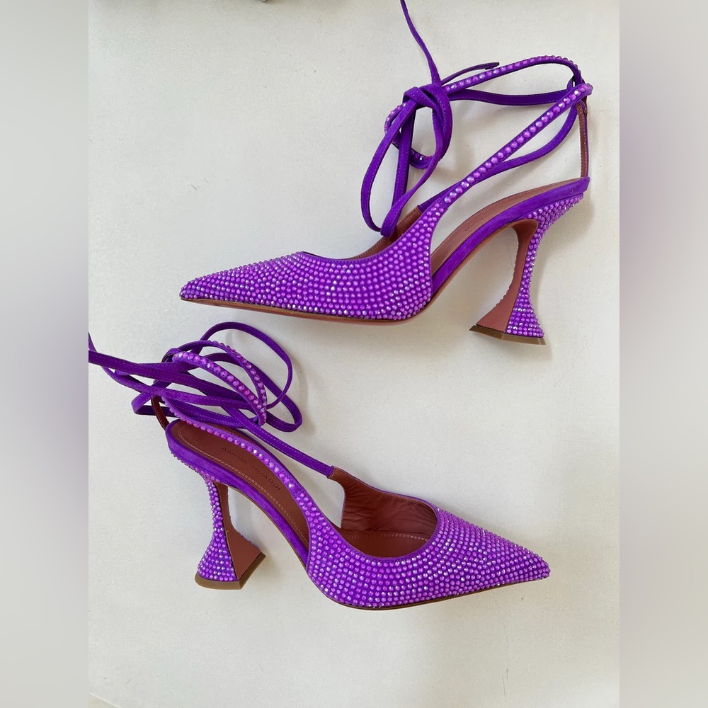 Amina Muaddi Karma Embellished Suede Crystal Embellished Lace Up Pumps Violet - Picture 6 of 9